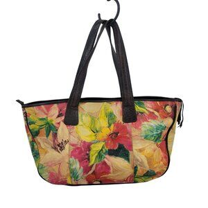 Vtg Maurizio Taiuti Italian Leather Hand-Painted Tote Bag Floral Italy Overnight